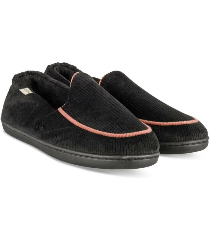 DIM Chaussons Femme en Velours Côtelé Noir avec Bordure Rose, Confortables à Enfiler, Pour Intérieur