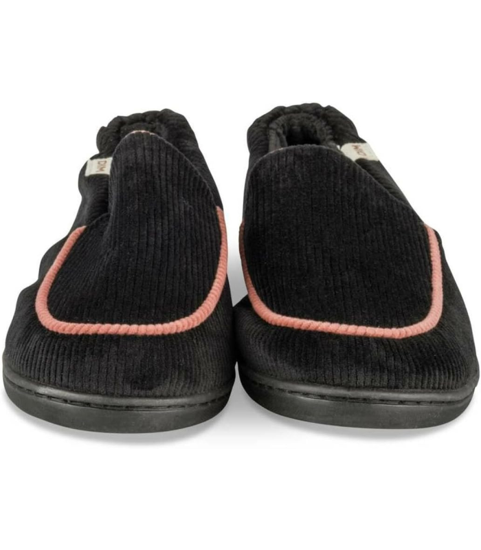 DIM Chaussons Femme en Velours Côtelé Noir avec Bordure Rose, Confortables à Enfiler, Pour Intérieur