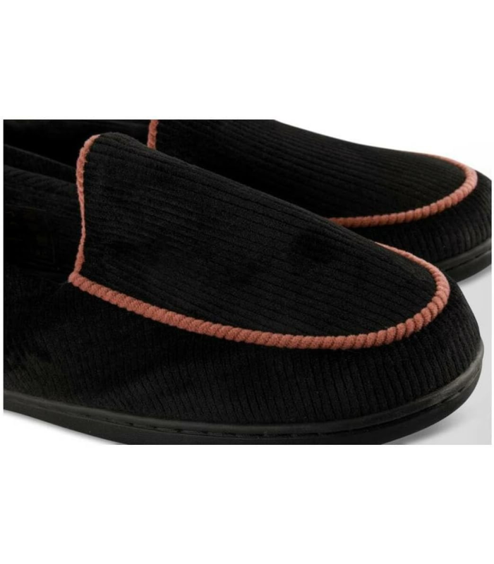 DIM Chaussons Femme en Velours Côtelé Noir avec Bordure Rose, Confortables à Enfiler, Pour Intérieur