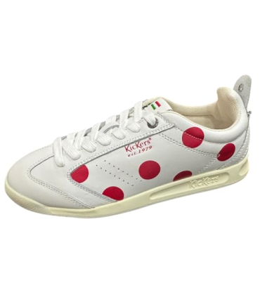Kickers Kick Baskets en Cuir Blanc avec Pois Rouges, Style Rétro Est.