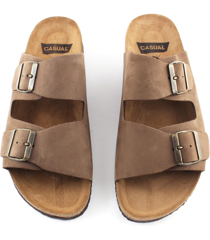 Casual Sandales en cuir nubuck pour homme - Mules en cuir véritable avec semelle en liège - Fabriquées en Espagne